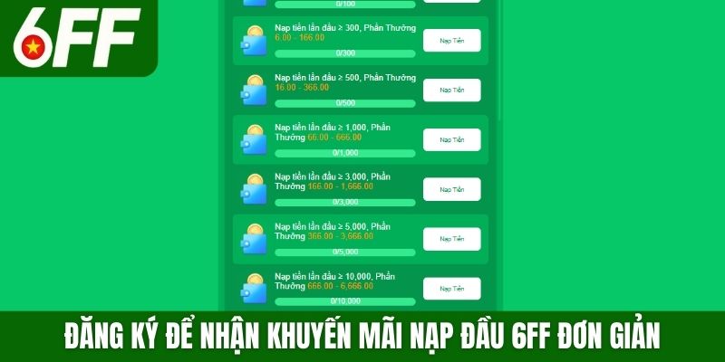 Đăng ký để nhận khuyến mãi nạp đầu 6FF đơn giản