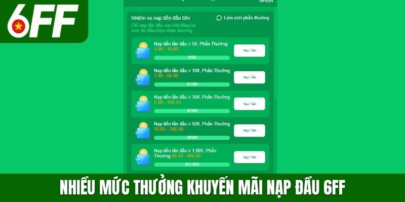 Nhiều mức thưởng khuyến mãi nạp đầu 6FF
